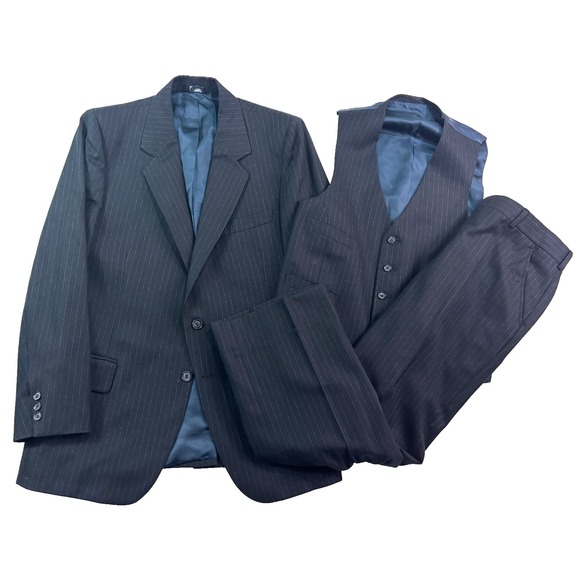 vtg 90s Club Traditional 40R 34x28 3pc Pant Suit Vest Flannel Wool Navy Blue